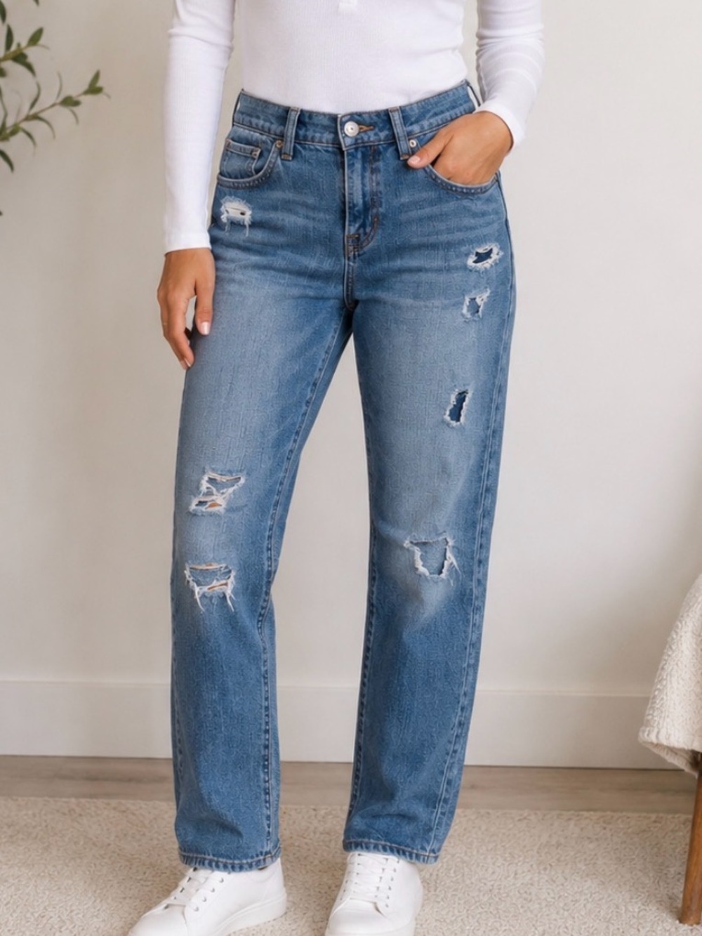 Lucky Brand Women's Distressed Straight Leg Jeans - Medium Blue